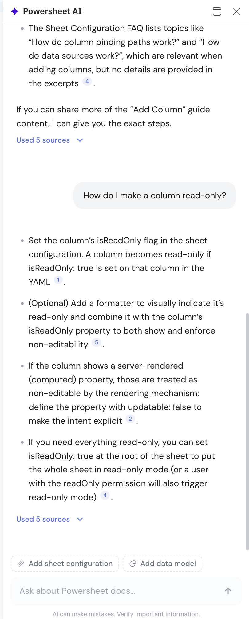 The ✦ Powersheet AI panel answering “How do I make a column read-only?” with numbered citation links to documentation pages and a “Used 5 sources” expander.