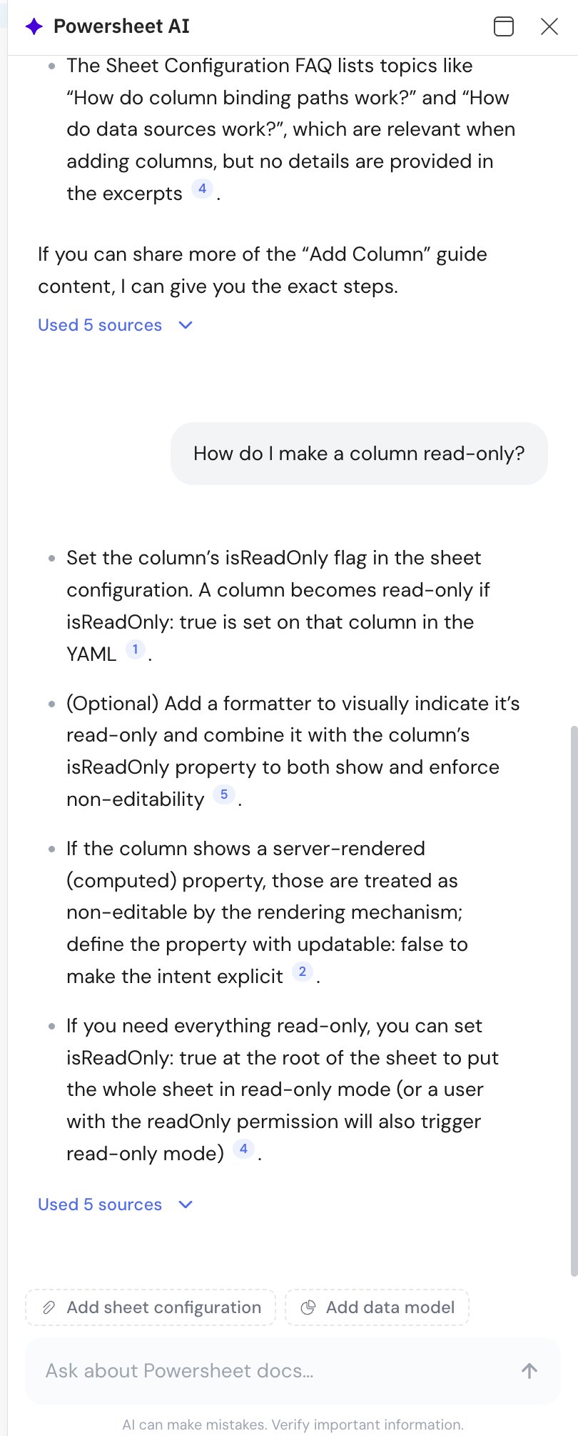 The ✦ Powersheet AI panel answering “How do I make a column read-only?” with numbered citation links to documentation pages and a “Used 5 sources” expander.