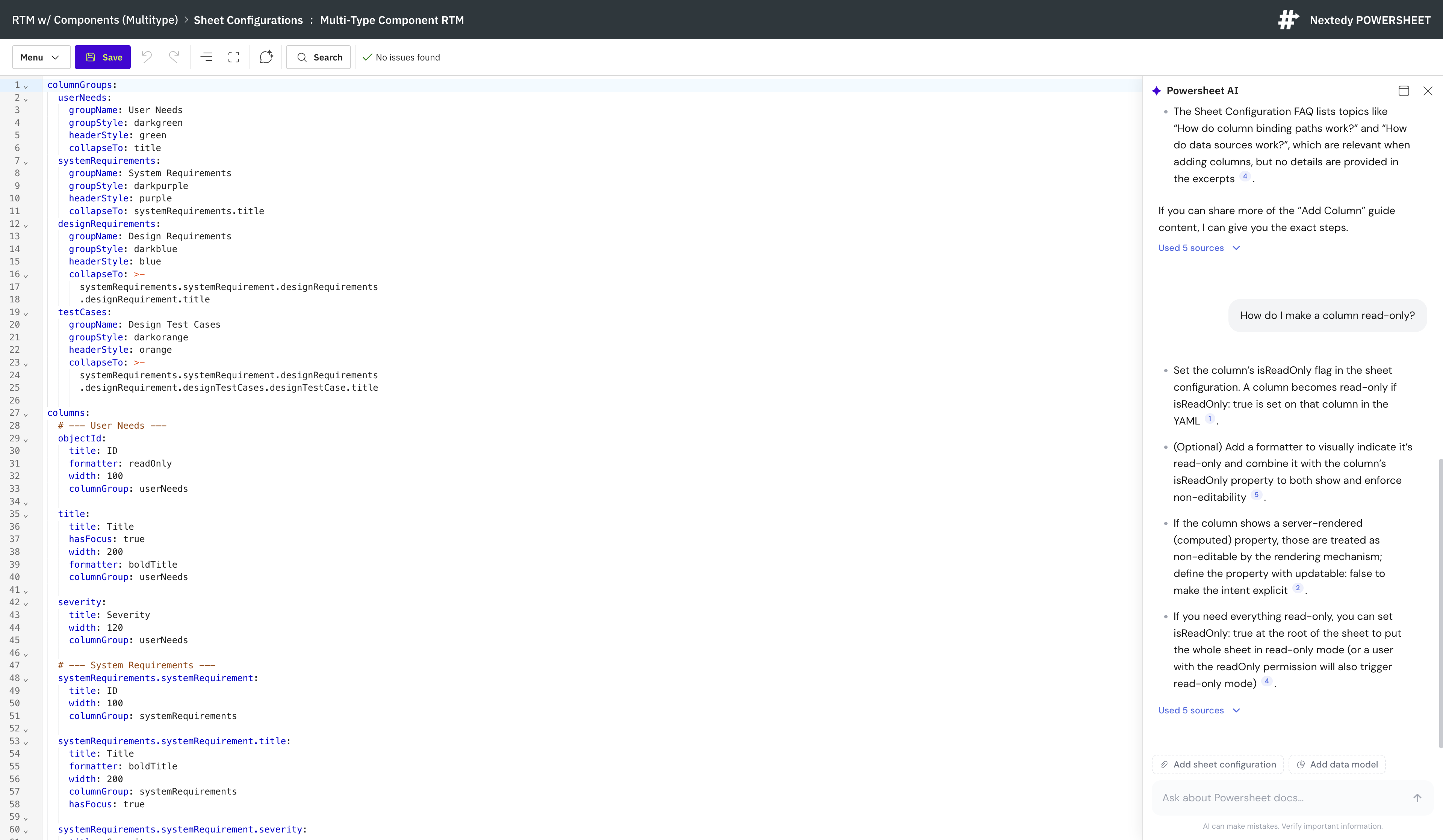 The Powersheet configuration editor with the ✦ Powersheet AI panel docked on the right, opened from the AI Assistant sparkle button in the toolbar.