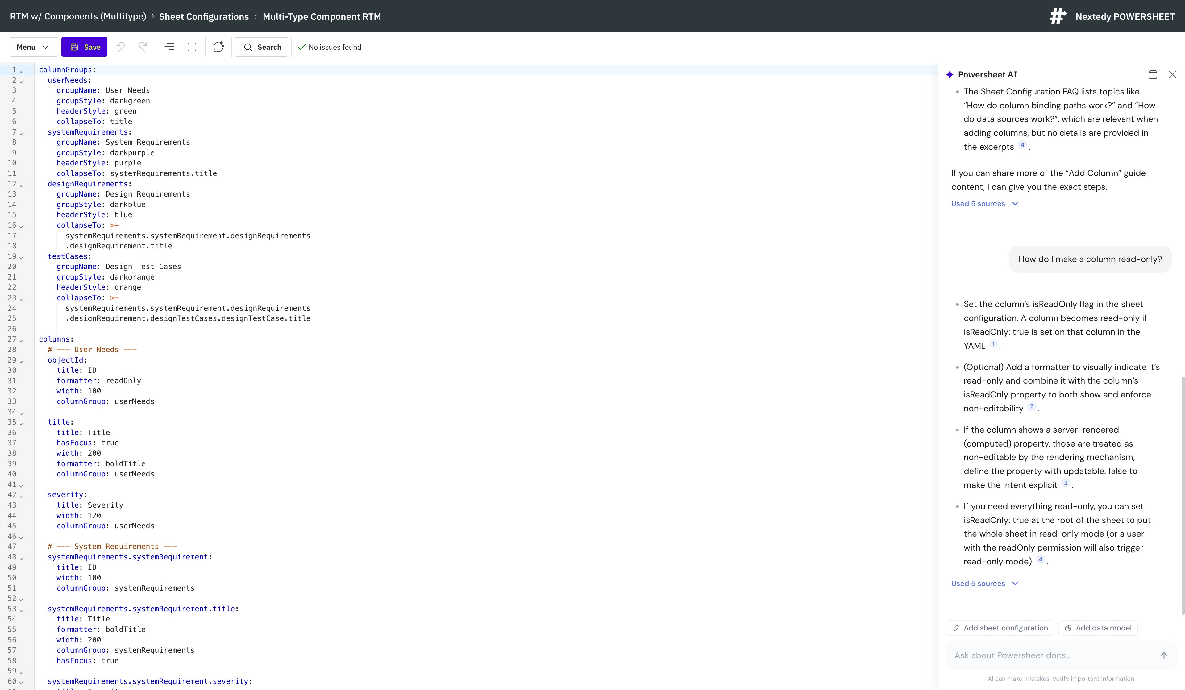 The Powersheet configuration editor with the ✦ Powersheet AI panel docked on the right, opened from the AI Assistant sparkle button in the toolbar.