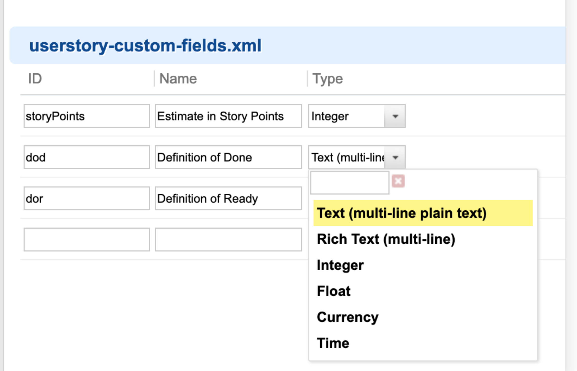 Custom Fields admin page for the userstory type, with the dod field's type dropdown open and Text (multi-line plain text) highlighted