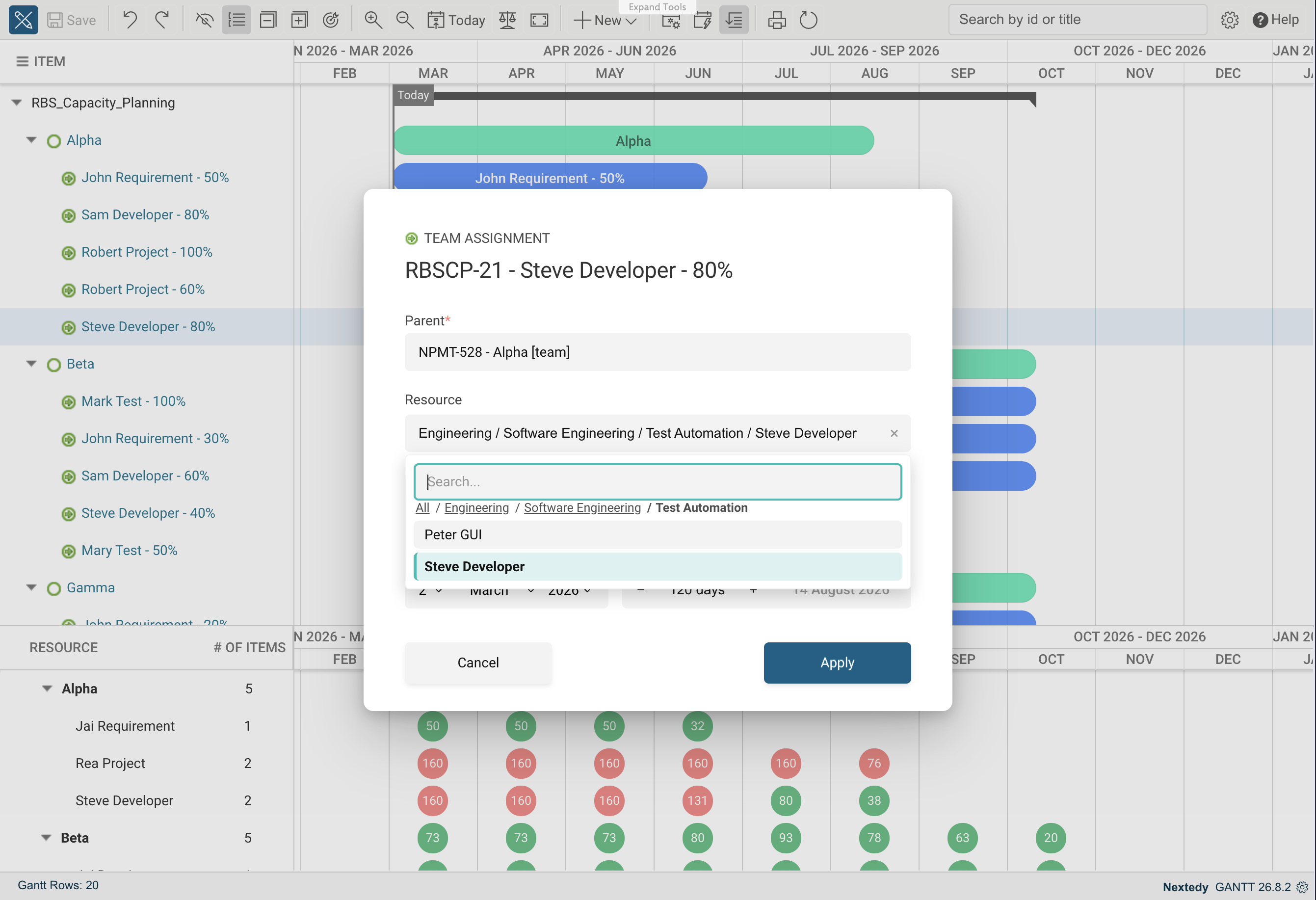 The Team Assignment lightbox with the resource picker expanded, showing the path above the list and the level below it