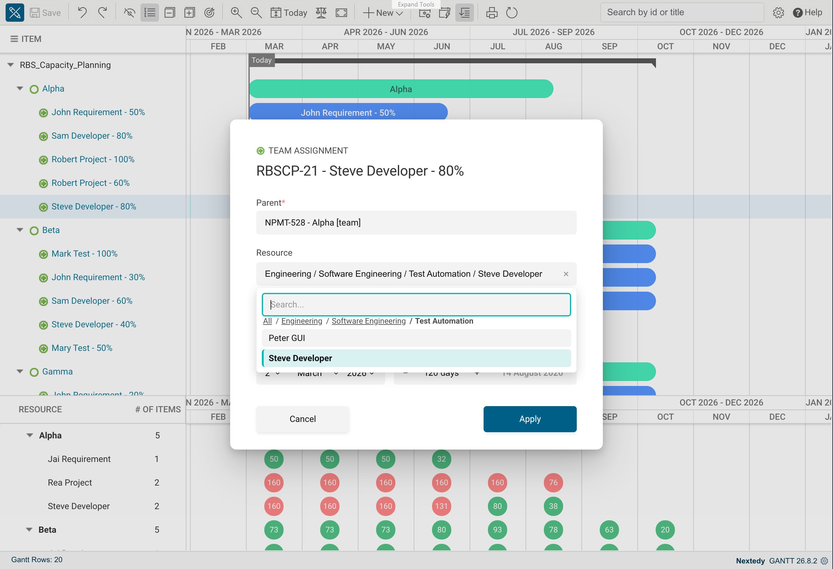 The Team Assignment lightbox with the resource picker expanded, showing the path above the list and the level below it