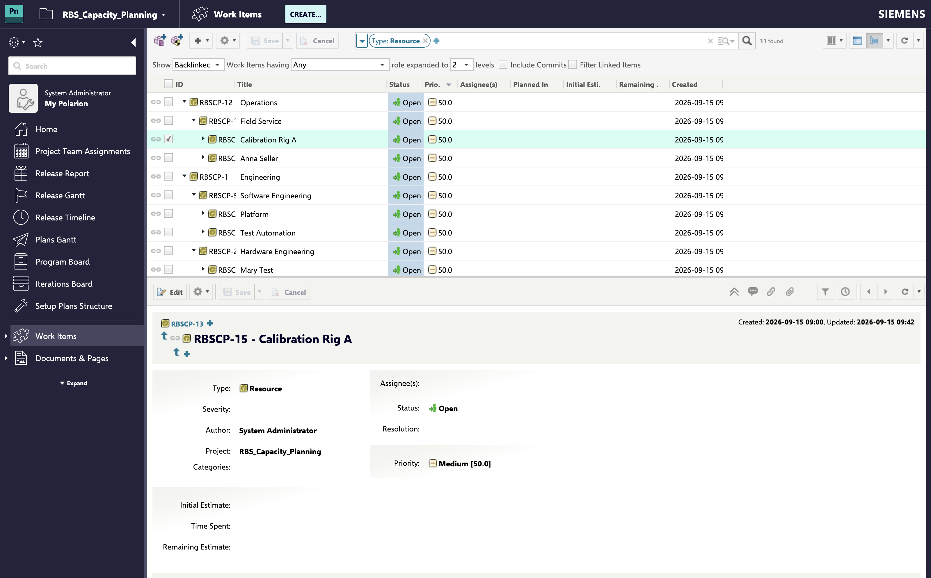 Resource work items in the Polarion tree view, divisions containing groups containing people and equipment, with the selected node's declared capacity below