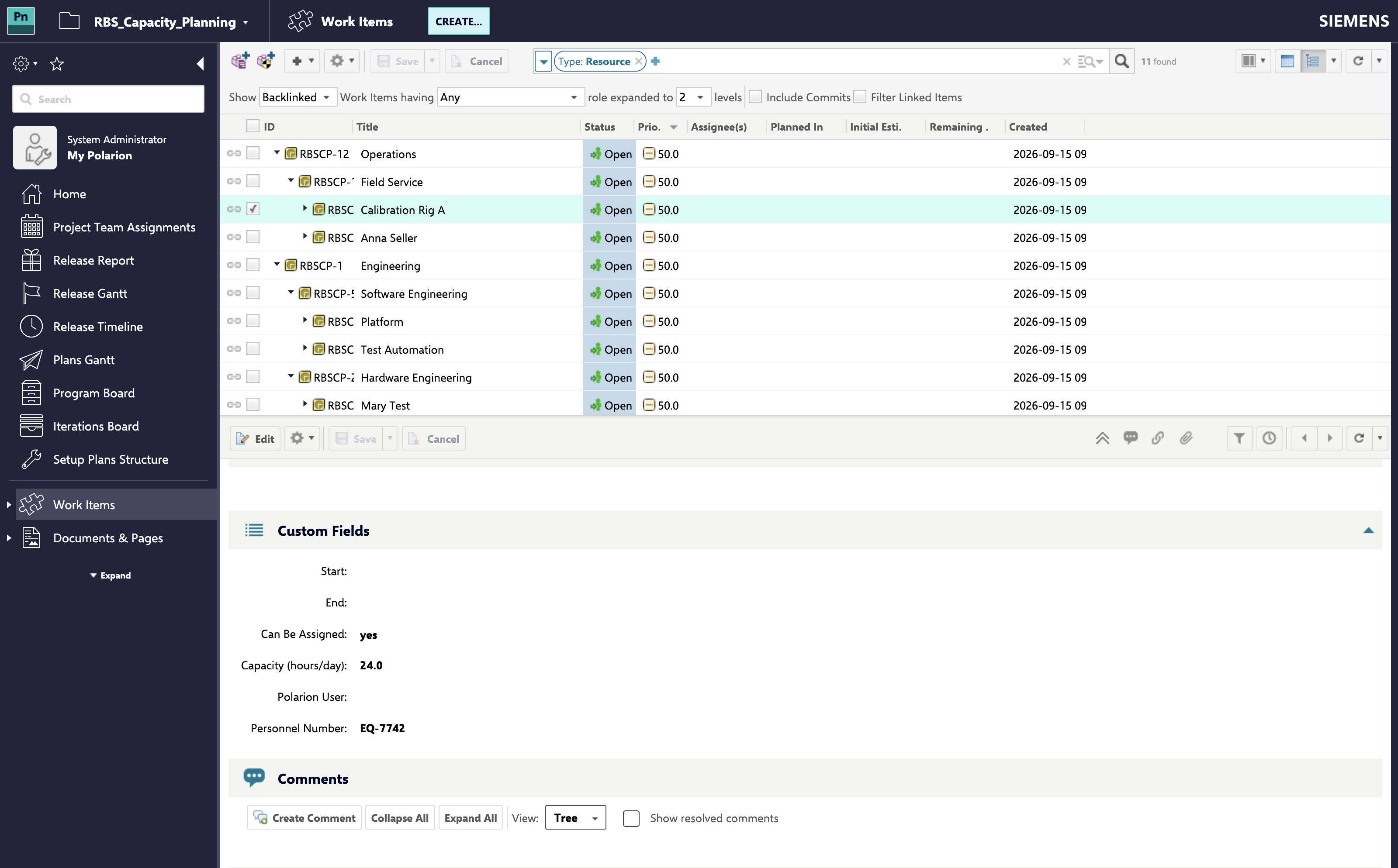 A resource work item open in Polarion, its custom fields panel showing the declared capacity in hours per day alongside the selectable flag