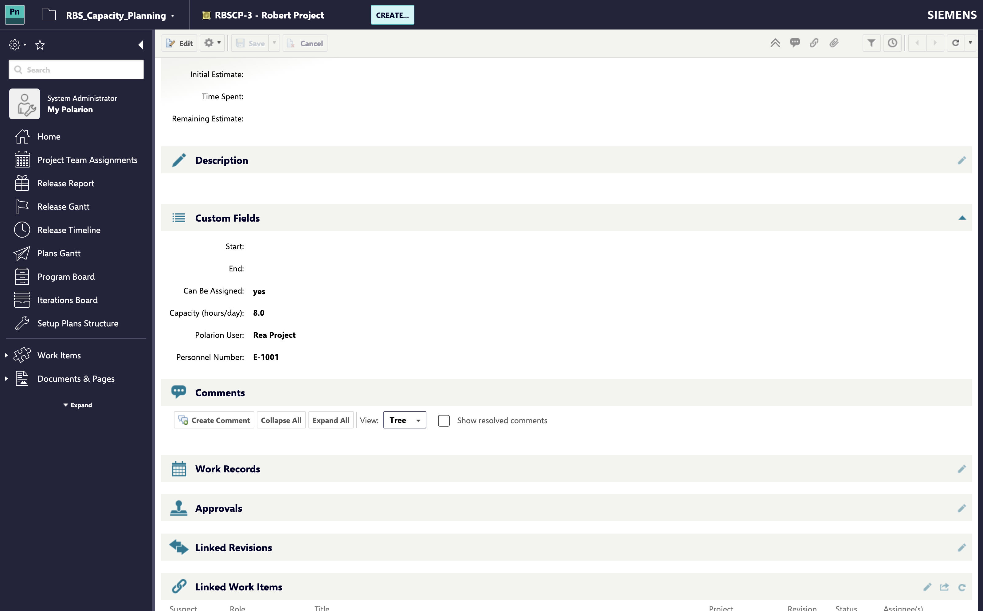 A resource work item open in Polarion, its custom fields panel showing the field that names the Polarion user the resource stands for
