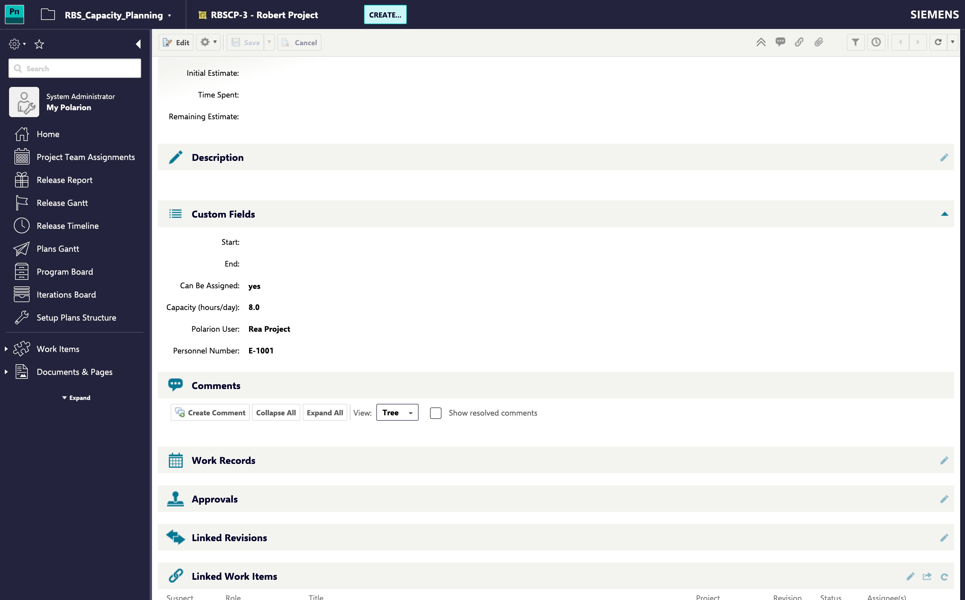 A resource work item open in Polarion, its custom fields panel showing the field that names the Polarion user the resource stands for