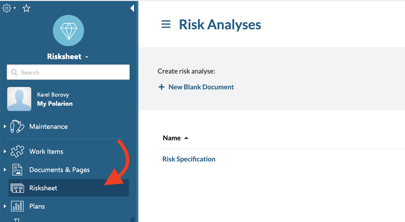 Polarion Administration > Risksheet > Setup showing Install Demo Project Template / Create Demo Project, and the Risksheet entry in the left navigator