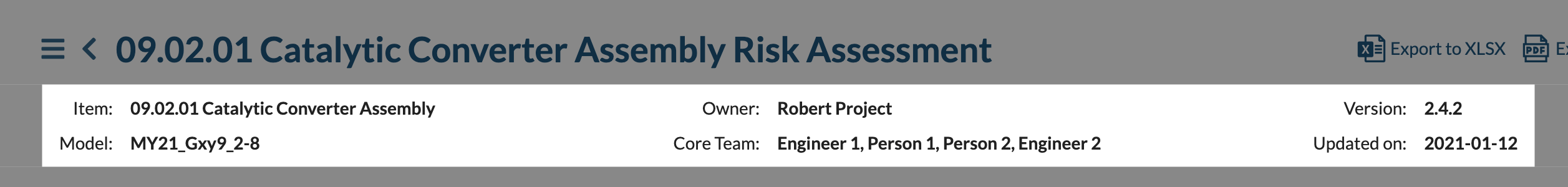 The attributes panel in the Risksheet header showing the document's custom fields above the grid