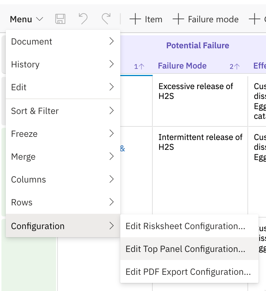 Menu > Configuration > Edit Top Panel Configuration in the Risksheet interface