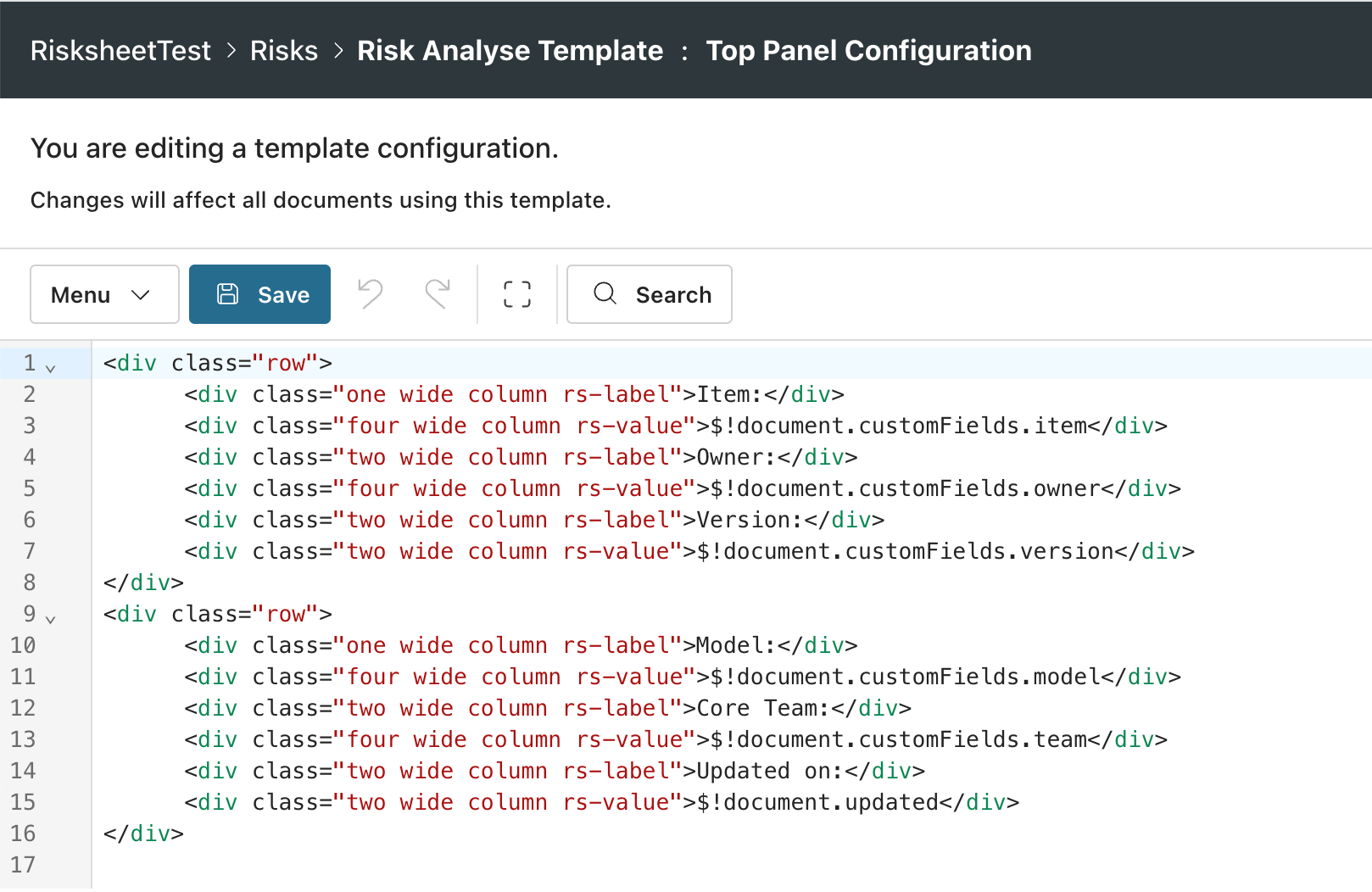 The built-in top-panel configuration editor; save and reload to apply the changes