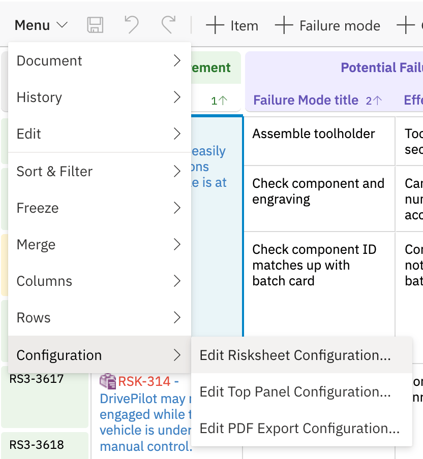 Opening the built-in sheet configuration via Menu > Configuration > Edit Risksheet Configuration