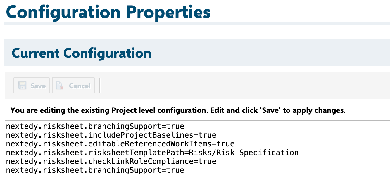 Risksheet configuration properties defined in Polarion Administration > Configuration Properties (project or global level)