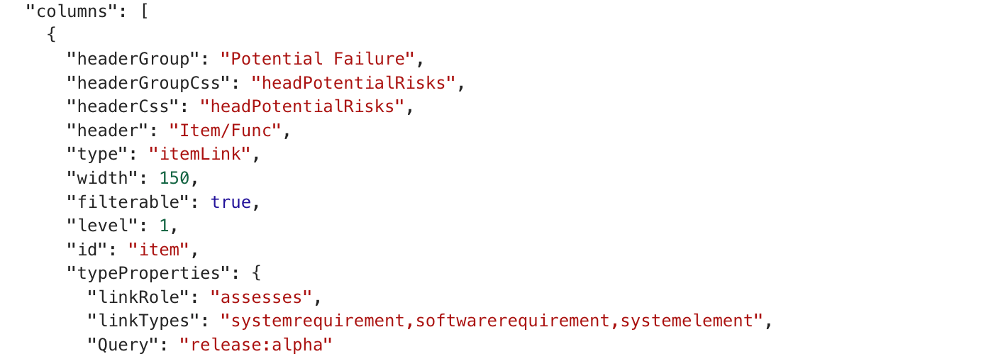Risksheet column configuration defined in the risksheet.json document attachment