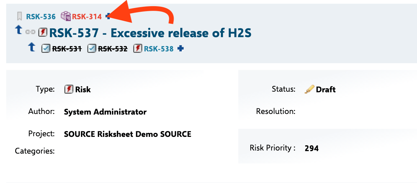 The upstream traceability column displaying items linked to the Risk items