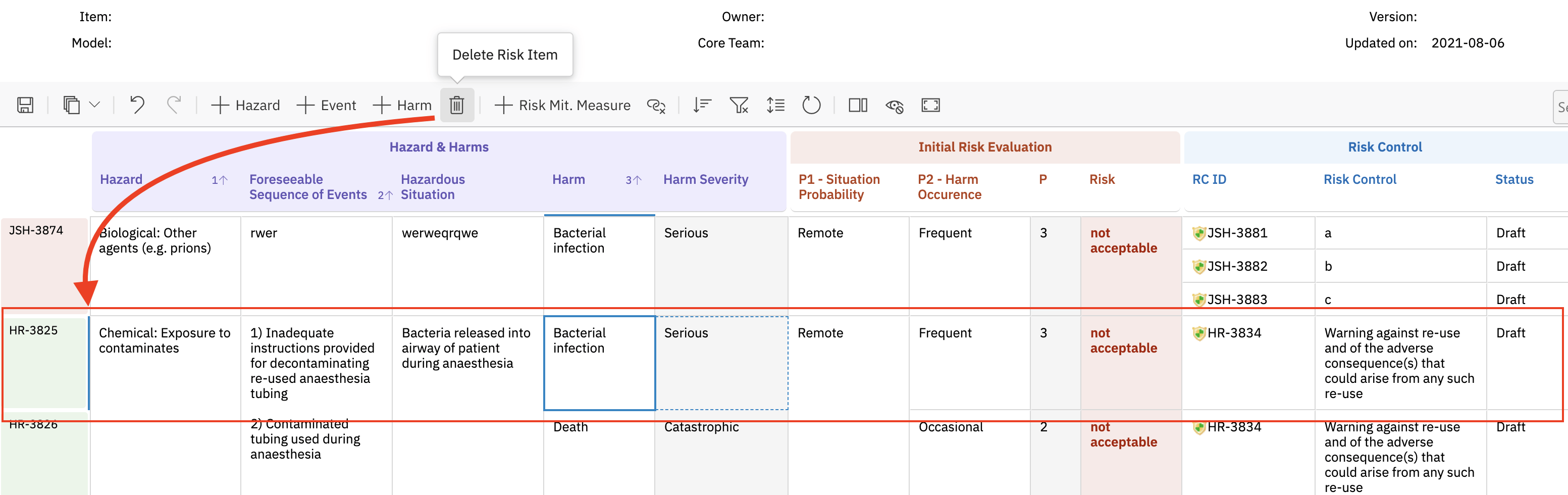 Removing a risk item from the Risksheet grid — behavior is controlled by the removeStrategy property