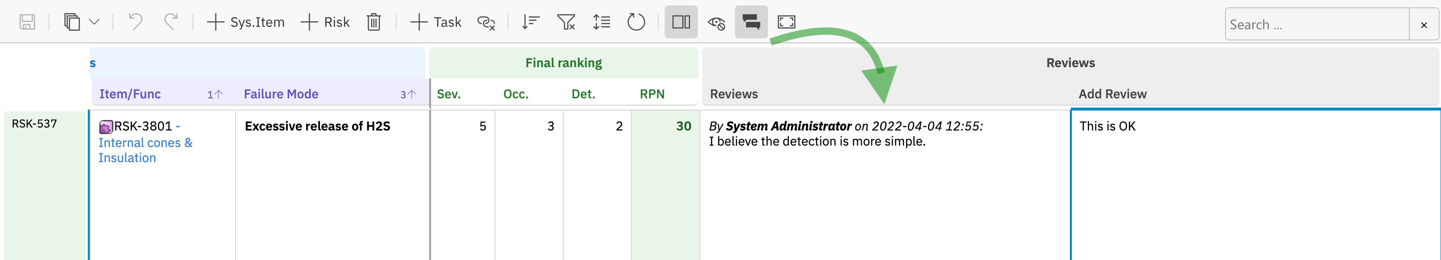 Reviewing and commenting on risk objects directly within the Risksheet interface
