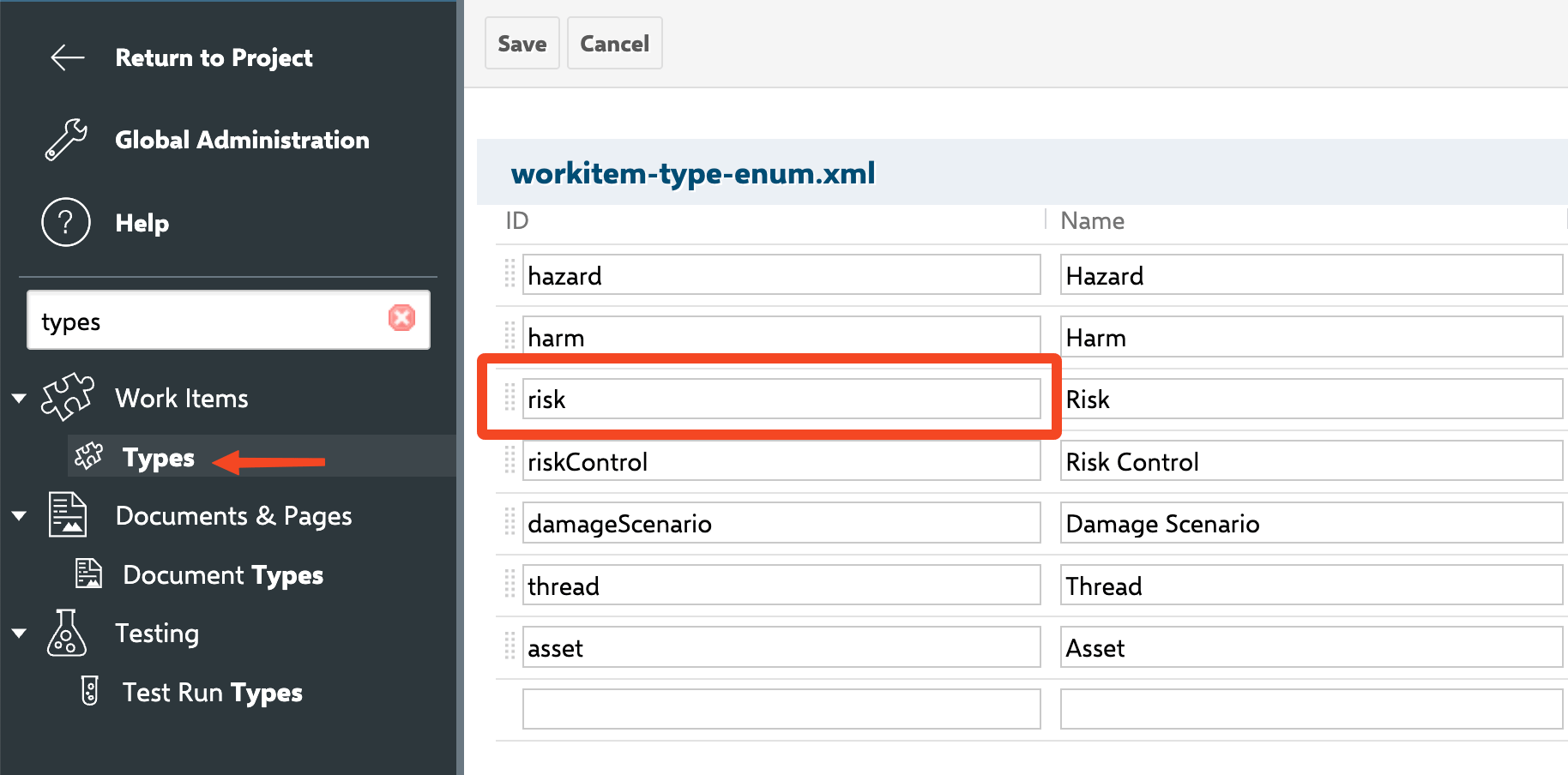 A risk work item type under Administration > Work Items > Types, referenced by the risksheet.json dataTypes section