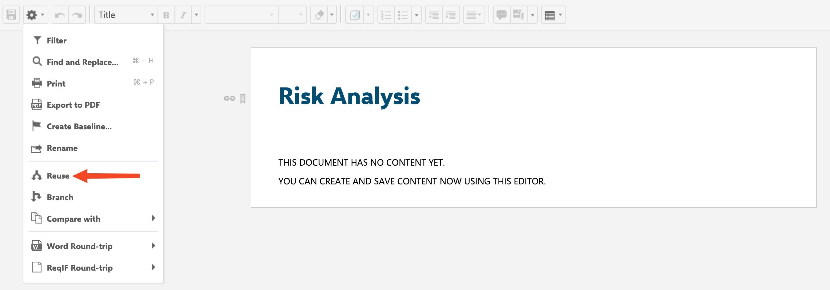 The Polarion Reuse function, which is not recommended for creating new Risksheet documents