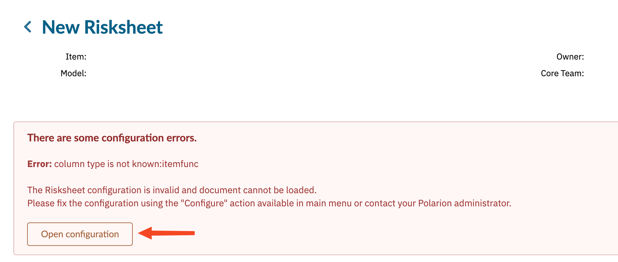 A configuration error shown when a project's configuration differs from the sample template — open the configuration to adjust it