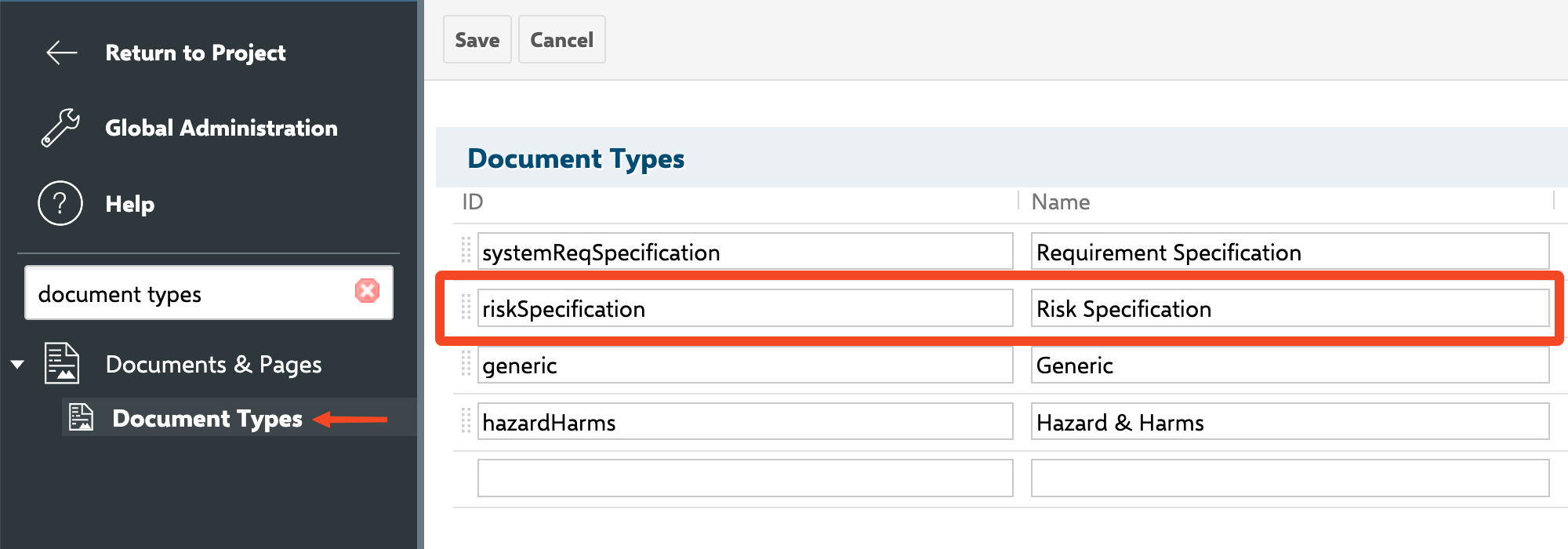 The riskSpecification document type, whose id is set via the nextedy.risksheet.riskDocumentType property