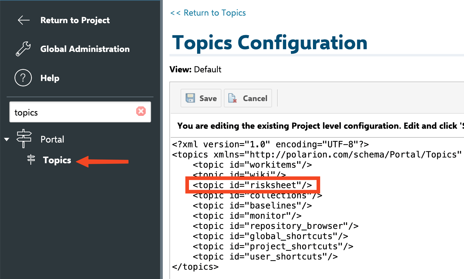 Adding the risksheet topic in Administration > Portal > Topics