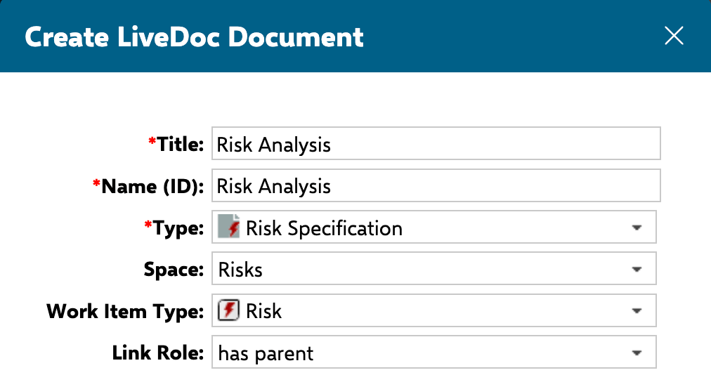 Creating the template LiveDoc (Risk Analysis) of type Risk Specification