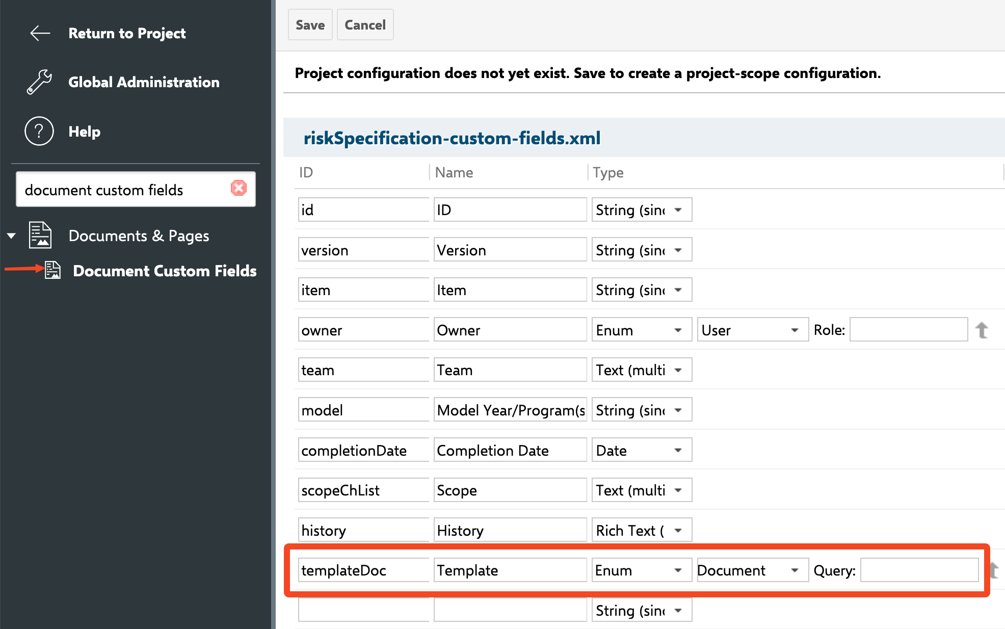 Configuring the templateDoc custom field (type enum:@document) under Administration > Documents & Pages > Document Custom fields