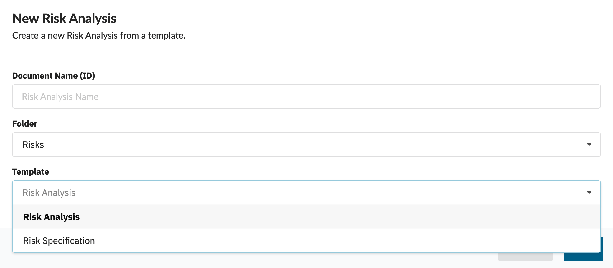 The configured template appearing under + New Blank Document in the Risksheet topic