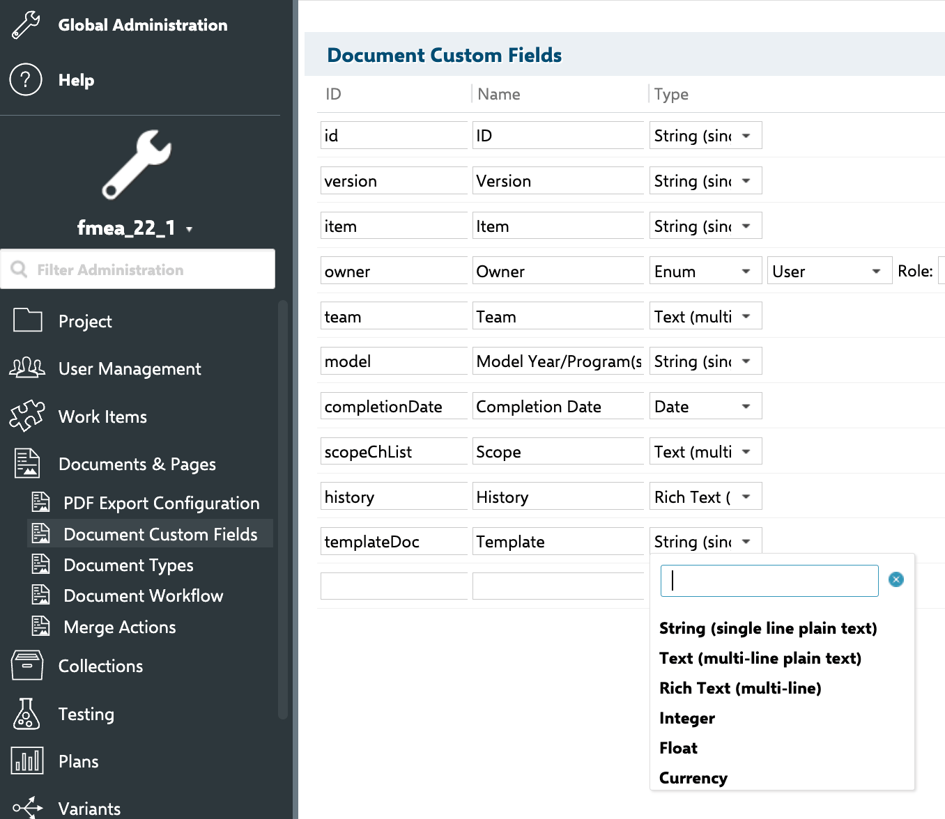 Creating a global-template project with the templateDoc custom field defined as type STRING