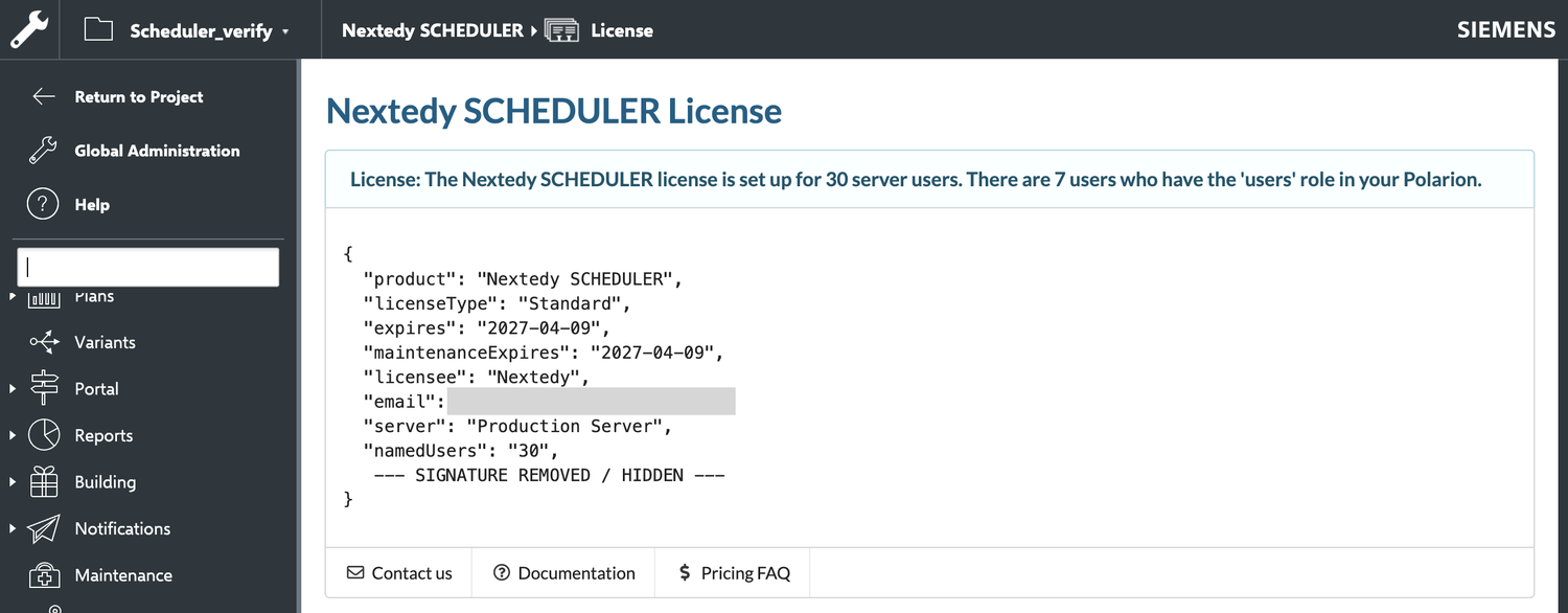 The Nextedy SCHEDULER License administration page showing a banner reading that the licence is set up for 30 server users and that 7 users hold the users role, a details block listing product, licence type, expiry date, licensee and named users with the signature line replaced by SIGNATURE REMOVED / HIDDEN, and a footer row of Contact us, Documentation and Pricing FAQ links