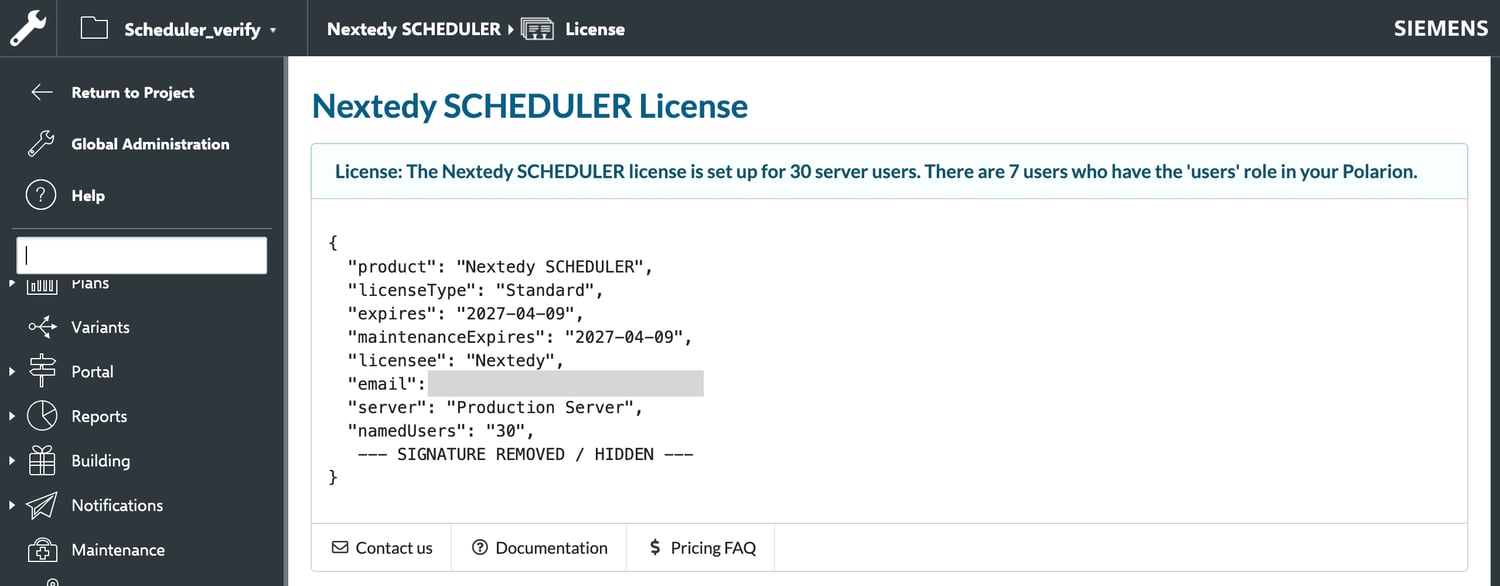 The Nextedy SCHEDULER License administration page showing a banner reading that the licence is set up for 30 server users and that 7 users hold the users role, a details block listing product, licence type, expiry date, licensee and named users with the signature line replaced by SIGNATURE REMOVED / HIDDEN, and a footer row of Contact us, Documentation and Pricing FAQ links