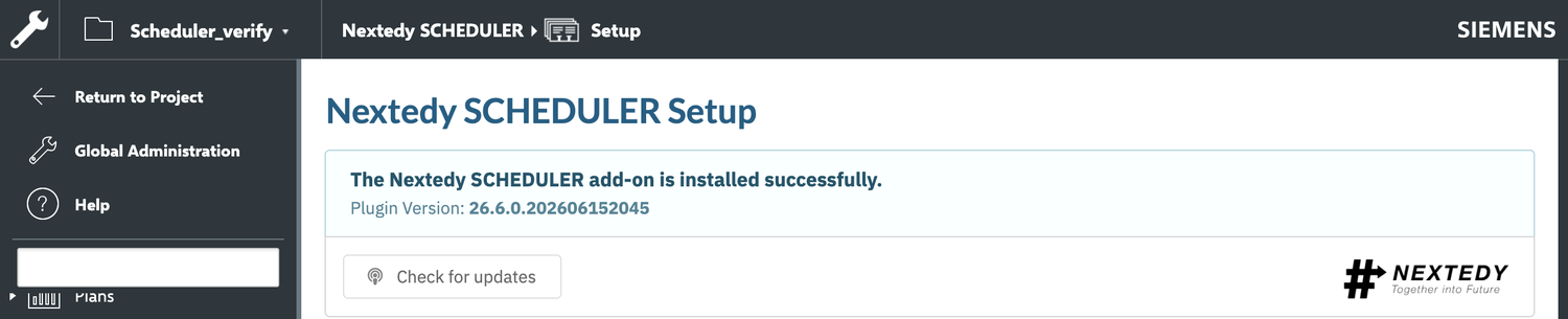 The Nextedy SCHEDULER Setup administration page showing the banner The Nextedy SCHEDULER add-on is installed successfully, a Plugin Version build number below it, and a Check for updates button
