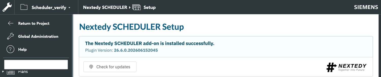 The Nextedy SCHEDULER Setup administration page showing the banner The Nextedy SCHEDULER add-on is installed successfully, a Plugin Version build number below it, and a Check for updates button