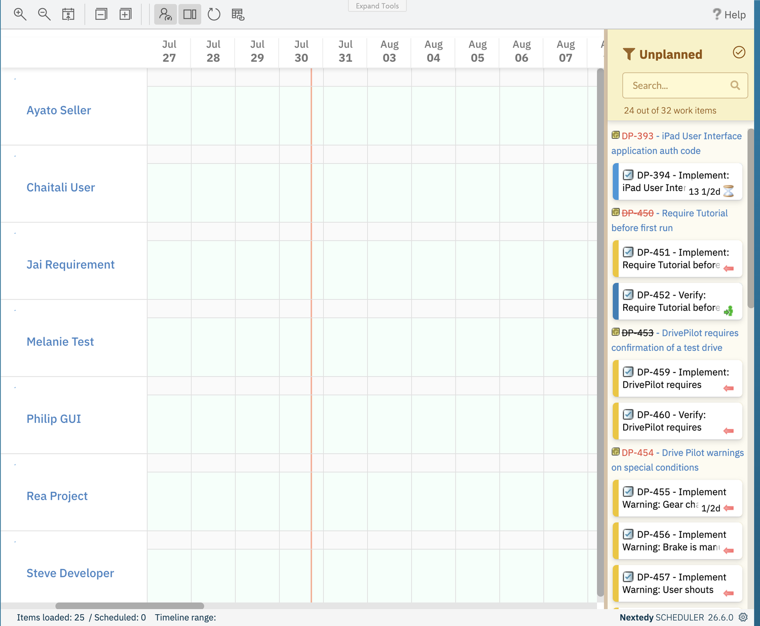 A freshly placed Scheduler board showing day columns from Jul 27 onward, empty swimlane rows for seven project users, and the Unplanned sidebar filled with unscheduled work-item cards; the footer reads Items loaded: 25 / Scheduled: 0