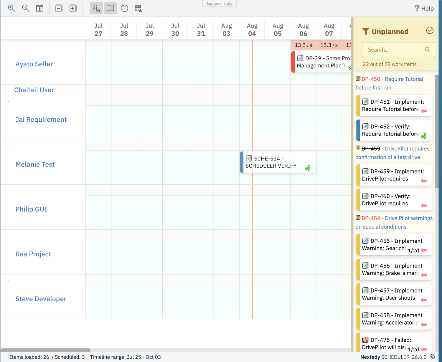 Scheduler board showing a newly created task bar labelled SCHE-534 on the Melanie Test row, spanning the days that were dragged; the footer reads Items loaded: 26 / Scheduled: 3