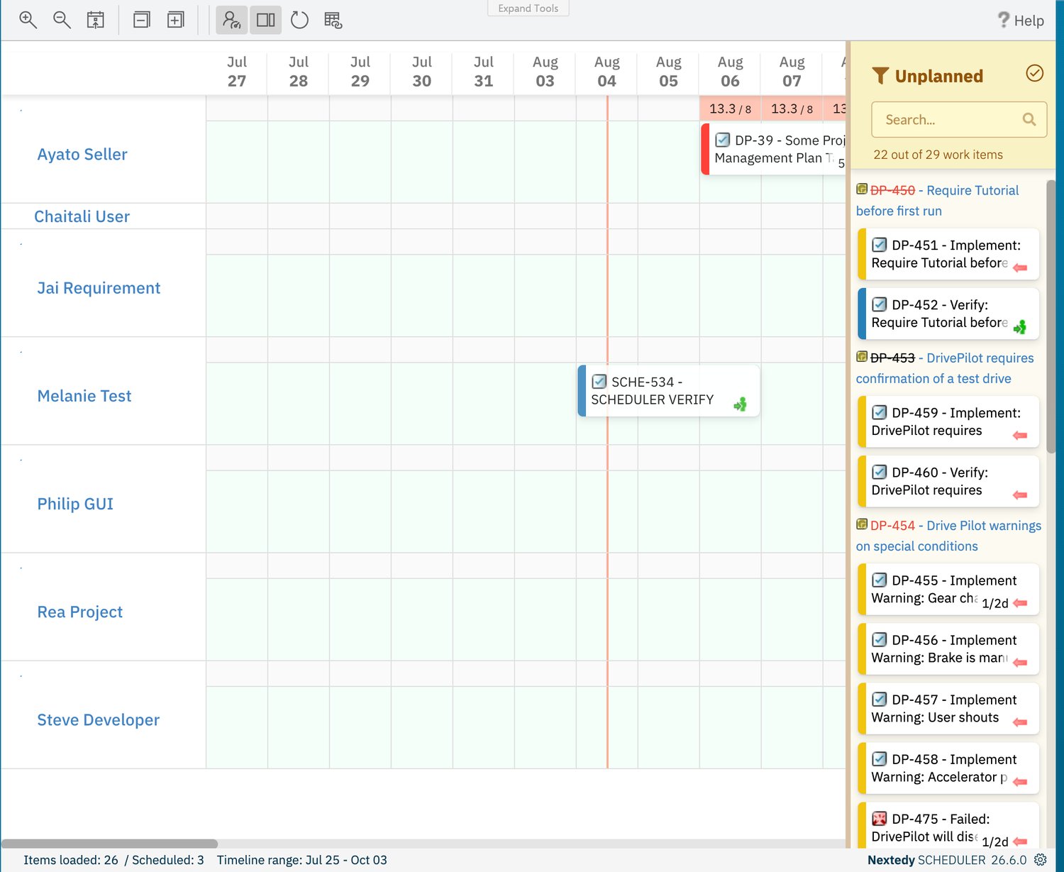 Scheduler board showing a newly created task bar labelled SCHE-534 on the Melanie Test row, spanning the days that were dragged; the footer reads Items loaded: 26 / Scheduled: 3