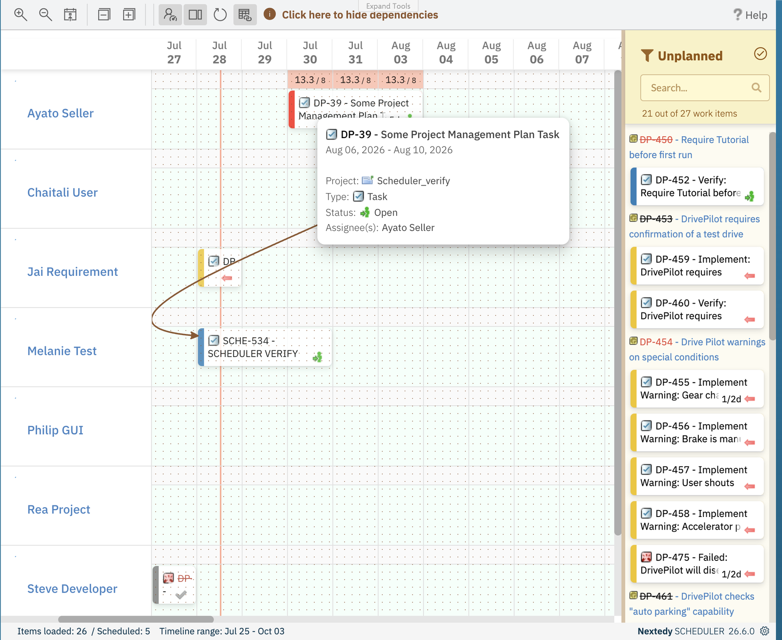 Scheduler board with the dependency overlay on: a brown curved arrow runs from the DP-39 bar down to the SCHE-534 bar with the arrowhead on the dependent task, and the toolbar shows the Click here to hide dependencies helper