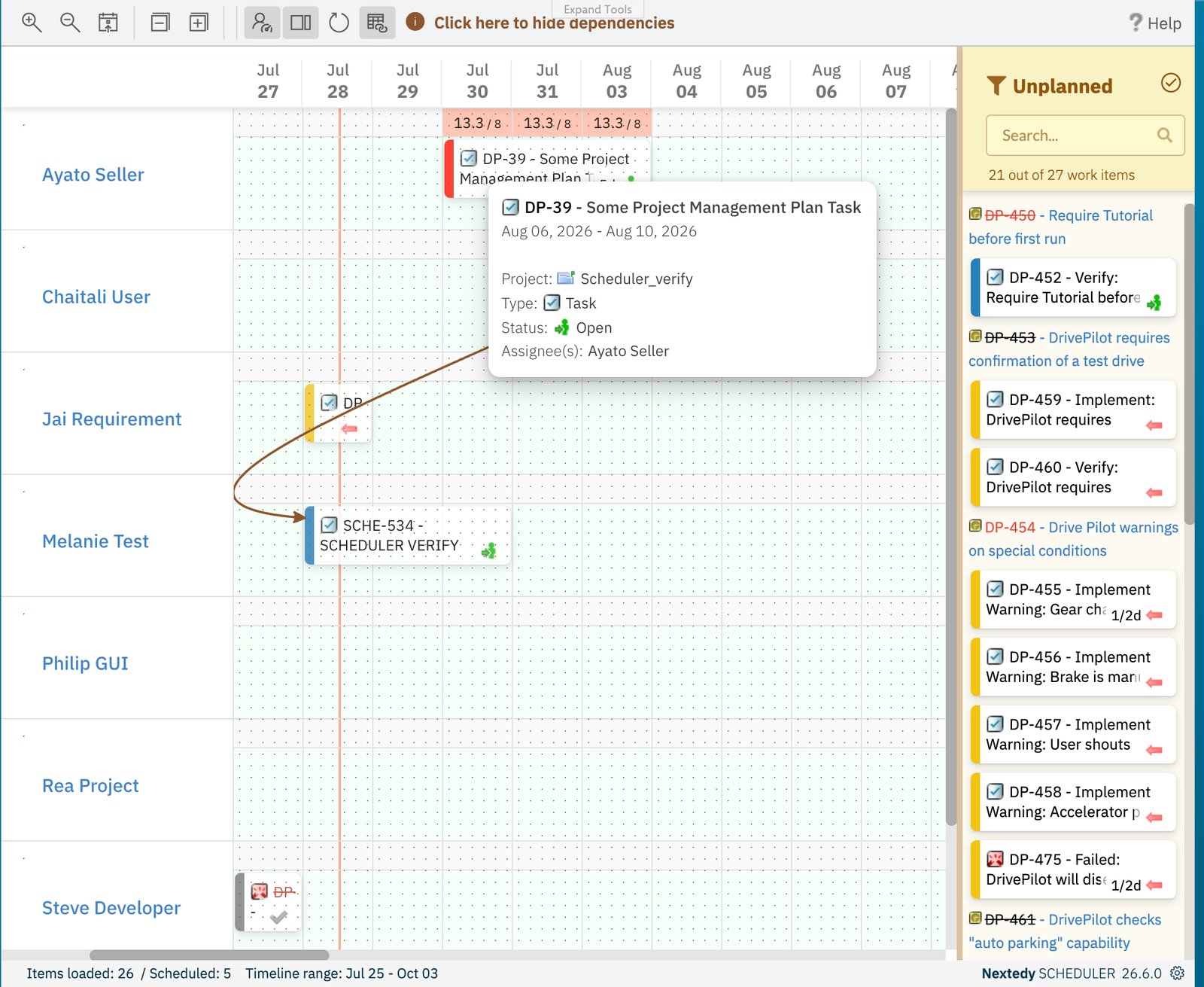 Scheduler board with the dependency overlay switched on: a brown curved arrow runs from the DP-39 task bar on the Ayato Seller row down to the SCHE-534 bar on the Melanie Test row, and a Click here to hide dependencies helper sits in the toolbar
