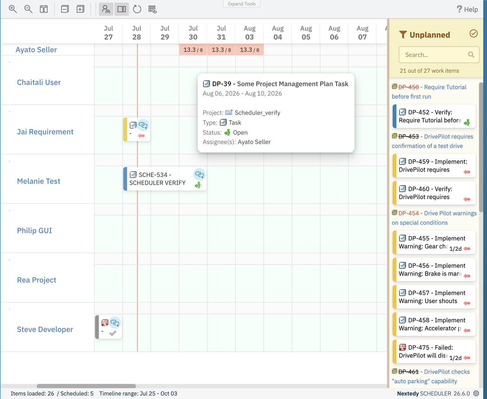 Scheduler board mid-gesture: the task bars on the Jai Requirement, Melanie Test and Steve Developer rows each show a round chain-with-a-plus badge in their top-right corner, indicating they can be connected to the armed task