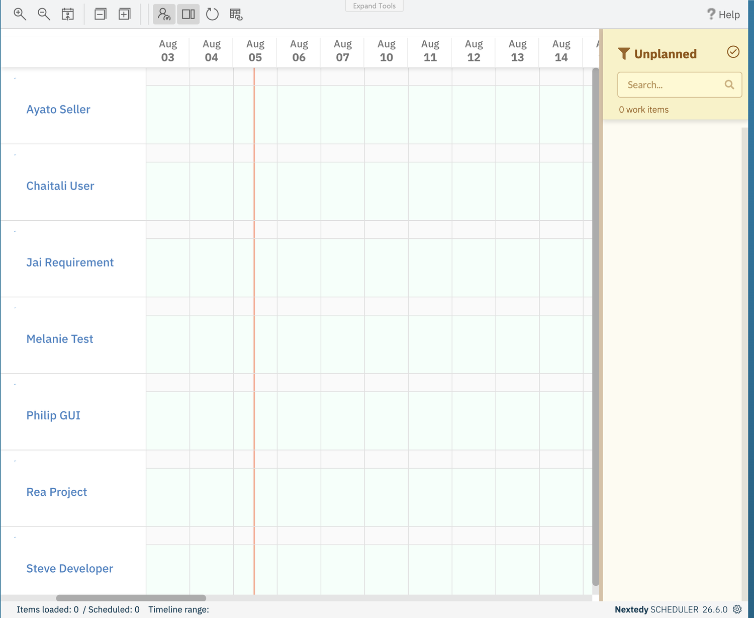 Scheduler board with no content: seven empty user swimlane rows, day columns from Aug 03 onward, an Unplanned sidebar reading 0 work items, and a footer reading Items loaded: 0 / Scheduled: 0 with an empty Timeline range