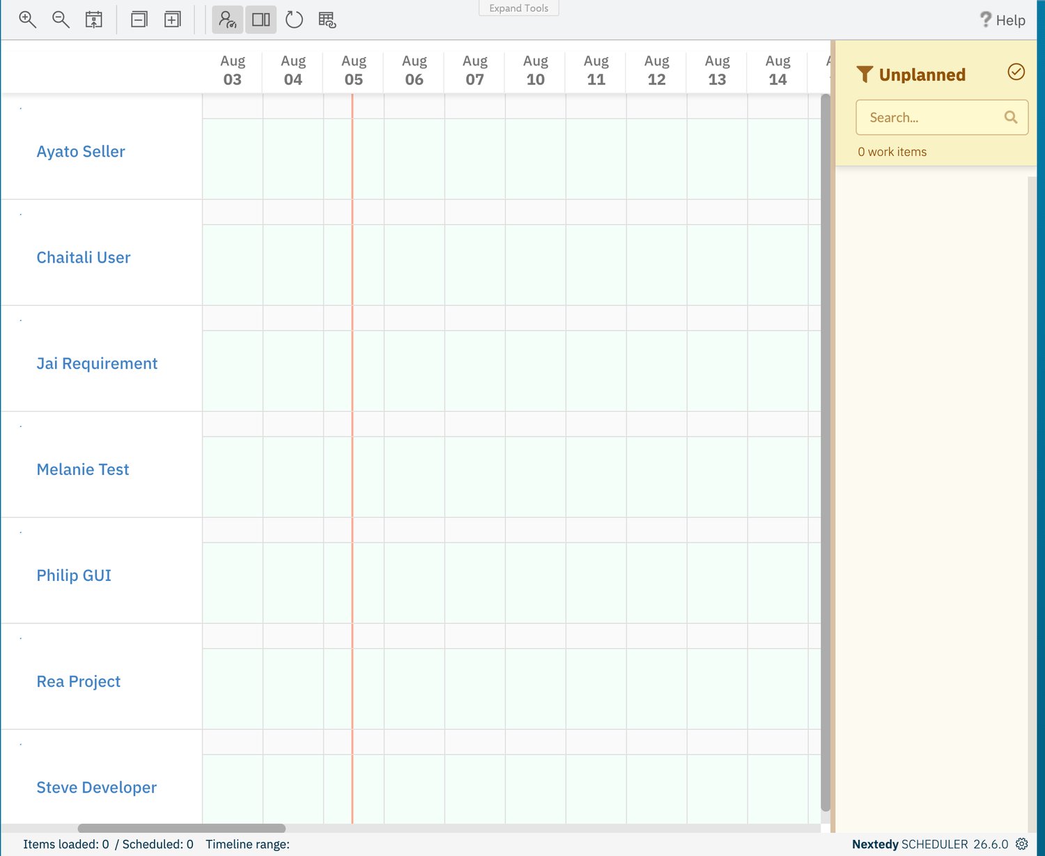 Scheduler board with no content: seven empty user swimlane rows, day columns from Aug 03 onward, an Unplanned sidebar reading 0 work items, and a footer reading Items loaded: 0 / Scheduled: 0 with an empty Timeline range