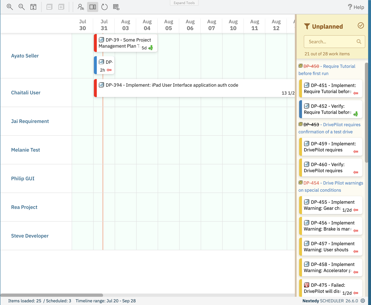Scheduler board with the resource-load visualization off: one flat row per resource carrying its task bars, no load markers, and the collapse and expand toolbar buttons greyed out