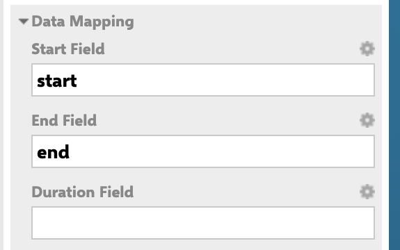 The Data Mapping panel of the Scheduler widget parameters, with Start Field holding start, End Field holding end, and Duration Field empty