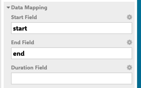 The Data Mapping section of the Scheduler widget parameter panel, with Start Field set to start, End Field set to end, and an empty Duration Field