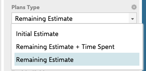 The Plans Type dropdown of the Scheduler widget parameter panel open, listing Initial Estimate, Remaining Estimate + Time Spent, and Remaining Estimate, with Remaining Estimate selected