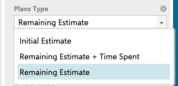 The Plans Type dropdown of the Scheduler widget parameter panel open, listing Initial Estimate, Remaining Estimate + Time Spent, and Remaining Estimate, with Remaining Estimate selected