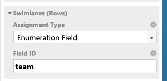 The Swimlanes (Rows) panel with Assignment Type set to Enumeration Field, revealing a Field ID box below it holding the value team