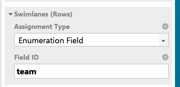 The Swimlanes (Rows) panel with Assignment Type set to Enumeration Field, revealing a Field ID box below it holding the value team