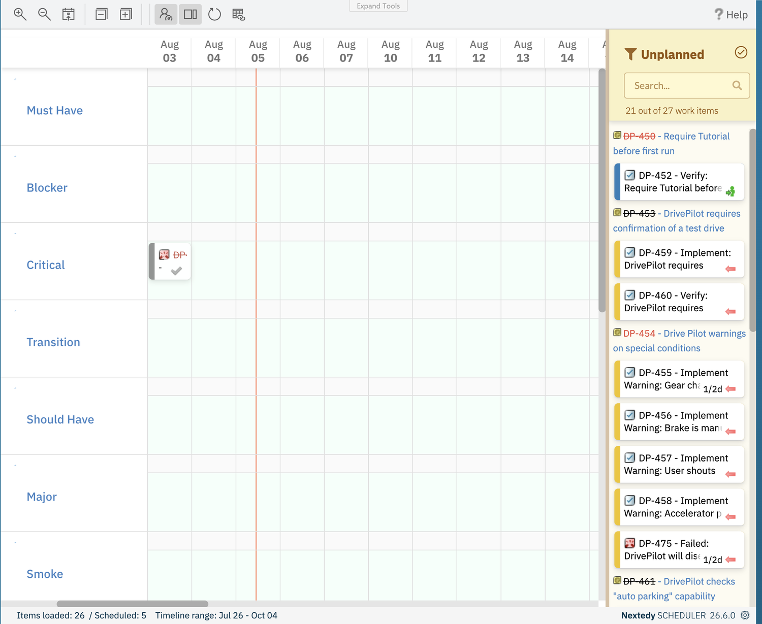 Scheduler board whose swimlane rows are the options of a severity enumeration — Must Have, Blocker, Critical, Transition, Should Have, Major and Smoke — instead of project users